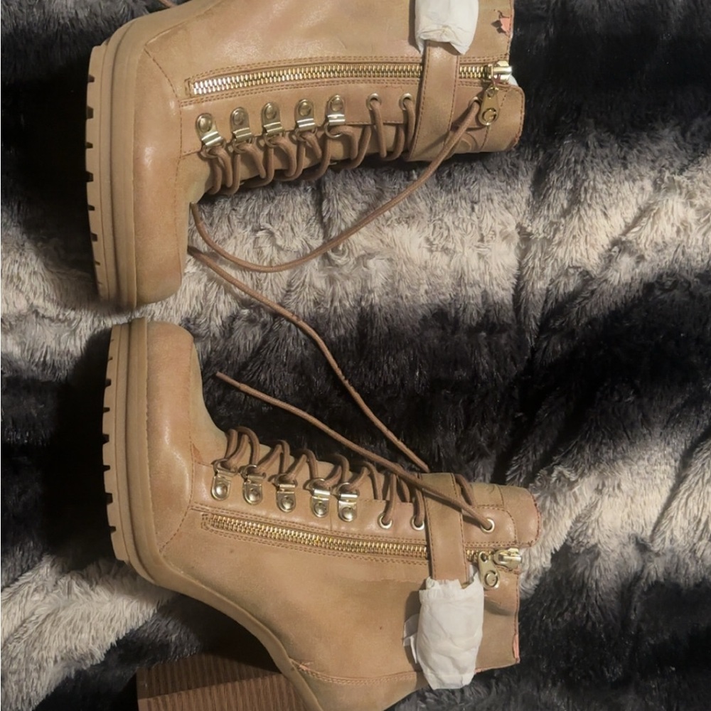 G by Guess Tan Combat Moto Boots Rugged Design